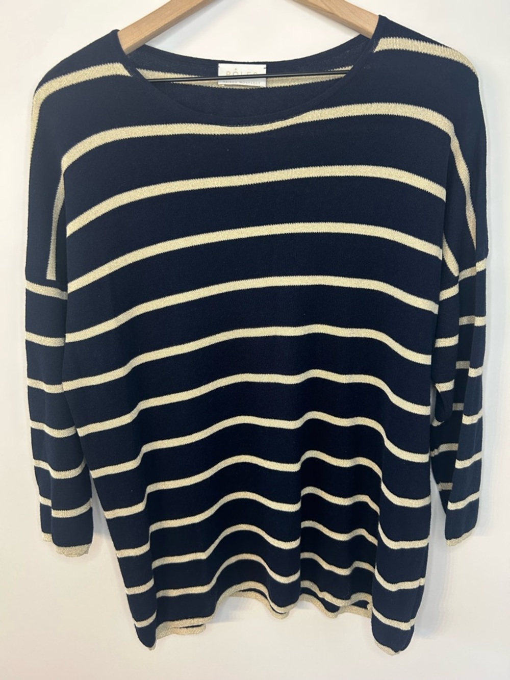 Pôles Maison Montagut Women’s Navy Blue and Metallic Gold Stripe Sweater, Small